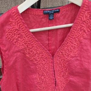 Chelsea & Theodore Women's Coral Embroidered Tunic Dress 100% Linen